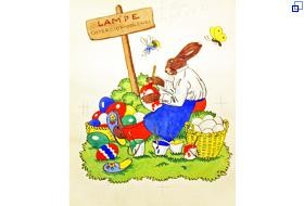 Bunte Illustration: Ein Osterhasenmann sitzt auf der Wiese. Er ist bekleidet mit Hose, Hemd und Arbeitsschürze. Er bemalt ein Ei. Um ihn herum stehen ein Korb mit unbemalten Eiern, offene Farbtöpfe und ein Haufen bereits bemalter Eier. Dahinter steckt ein Schild mit der Aufschrift: Meister Lampe. Oster-Eier-Malerei.