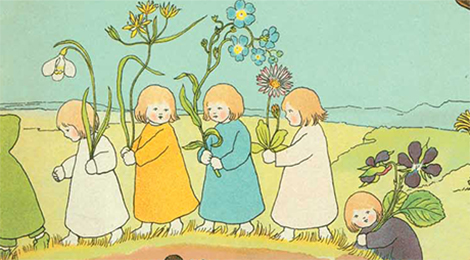 Bild aus dem Kinderbuch "Etwas von den Wurzelkindern": Vier Wurzelkinder gehen im Gänsemarsch auf einer Wiese. Sie tragen jeweils eine sehr große Blume in der Hand.