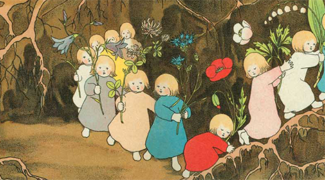 Ausschnitt aus einer Illustration aus dem Kinderbuch "Etwas von den Wurzelkindern". Die Wurzelkinder verlassen ihre unterirdische Höhle und wandern auf die Oberfläche. 