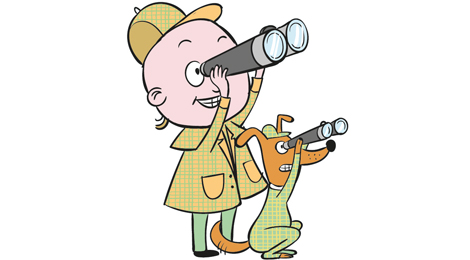 Zeichnung: EIn Detektiv und sein Hund beobachten etwas durch ihre Ferngläser.  Illustration: Julia Lenzmann.