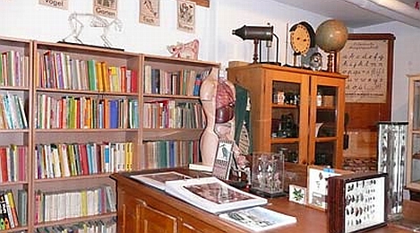 Schulmuseum Sulzgries: An der Wand stehen ein großes, vollständig gefülltes Bücherregal und ein Schrank mit Glastüren. Im Raum stehen Lehrmittel wie ein anatomisches Modell des menschlichen Körpers, ein Globus und ein Schaukasten mit Schmetterlingen. 