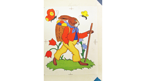 Bunte Illustration: Auf einer Wiese marschiert ein Osterhasenmann in Hose und Jacke. Auf dem Rücken trägt er eine Kiepe, die mit bemalten Eiern gefüllt ist.