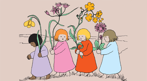 Illustration. Vier Wurzelkinder mit großen Blumen.