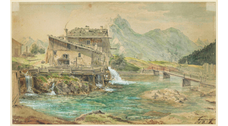 Aquarell: Eine Mühle steht an einem Fluss, der von einer Brücke überquert wird. Im Hintergrund befindet sich ein Bergmassiv.